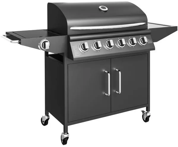 Kaasugrilli, jossa on 6 poltinta ja sivupoltin